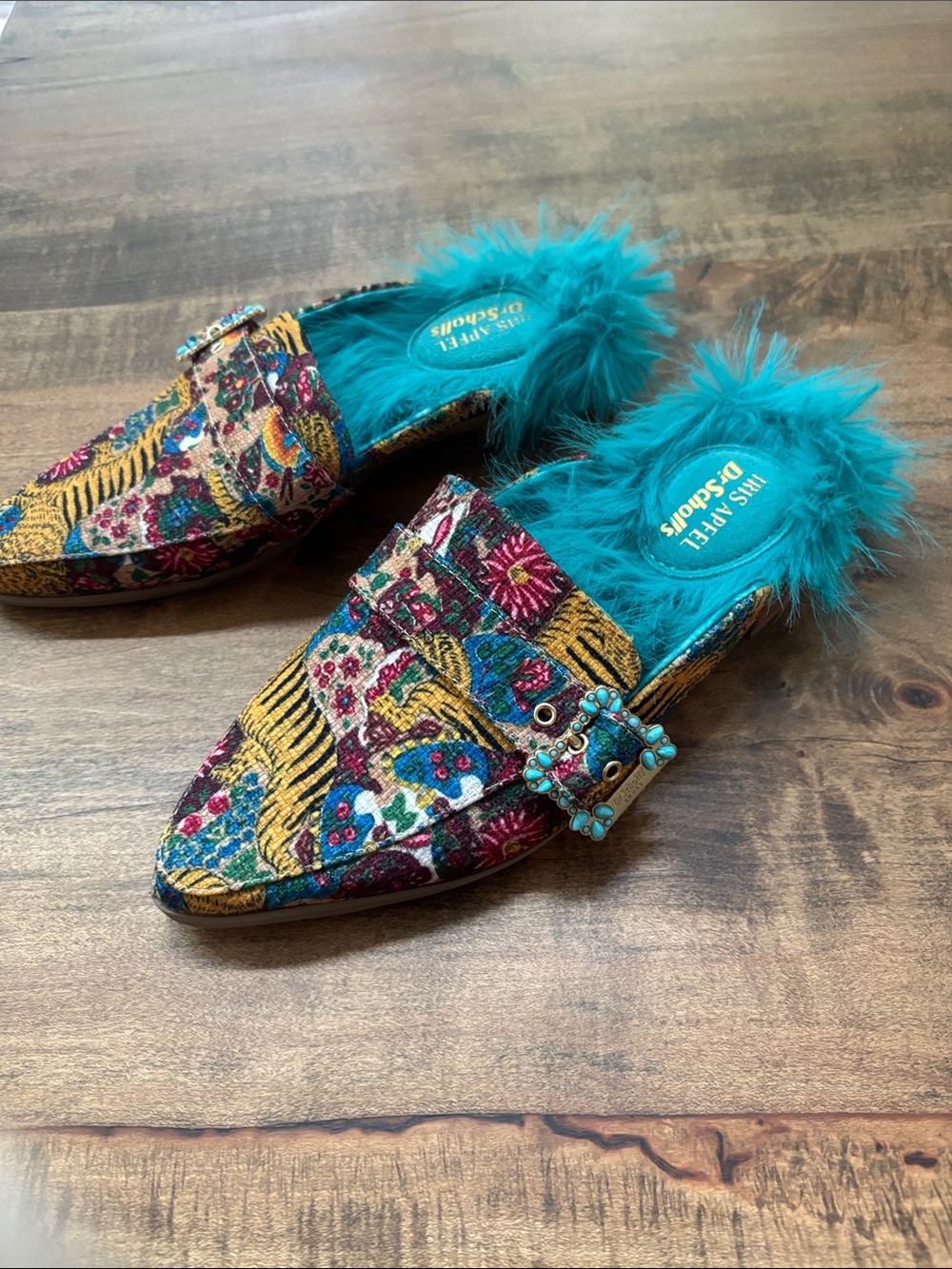 Dr. Scholl's Teal Fur-Trim Embroidered Slip-On Mule with Beaded Buckle